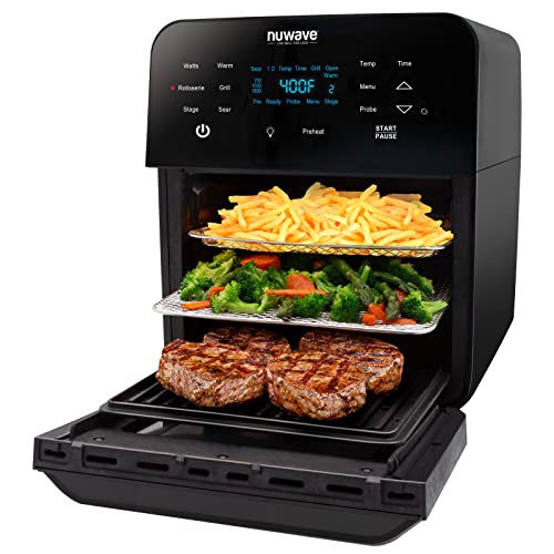 Nuwave Brio Air Fryer Smart Oven, 15.5-Qt X-Large Family Size, Countertop Convection Rotisserie Grill Combo, SS Rotisserie Basket & Skewer Kit, Reversible Ultra Non-Stick Grill Griddle Plate Included