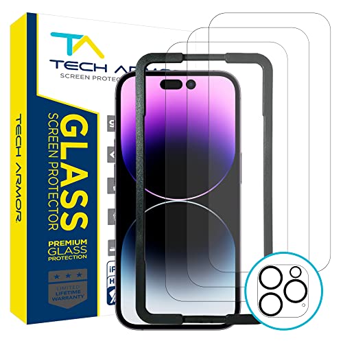 Tech Armor 3 Pack Screen Protector + 1 Camera Lens Protector for iPhone 14 Pro Max 6.7 inch - Ballistic Tempered Glass, Case Friendly, Dynamic Island Compatible, Sensor Protection, HD, 9H Hardness
