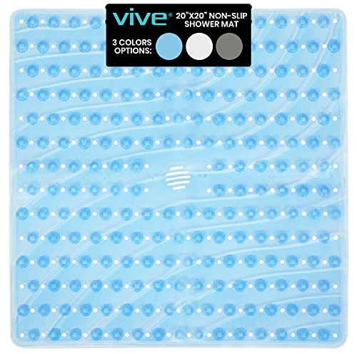 Vive Shower Mat - Non Slip Tub Bathtub Grip, 22' by 22', Square Large Suction Cup Floor Traction Skid Pad for Stalls- Textured Rubber with Drain Hole, Bathroom Accessories, for Elderly, Kids, Safety
