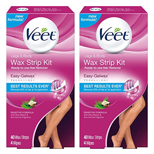 Veet Leg & Body Hair Removal Kit- Sensitive Formula, Ready-to-use Cold Wax Strips, Shea Butter & Acai Fragrance, 40 Count (Pack of 2)