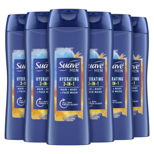 Suave Men 3in1 for Everyday Use Hair, Body and Face Wash Fragrance Bodywash, Shower Gel and Shampoo for Men 15 Fl Oz (Pack of 6)