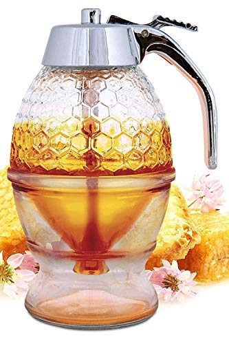 Hunnibi Honey Dispenser No Drip Glass - Honey Container - Maple Glass Syrup Dispenser - Beautiful Honey Comb Shaped Honey Pot - Glass Honey Jar with Stand - Great Bee Decor - Honey Containers