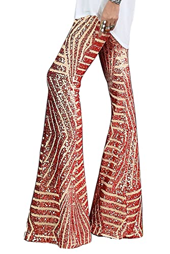BLENCOT Bell Bottoms for Women High Waisted Wide Leg Palazzo Pants Bling Sequin Flared Trousers Red M