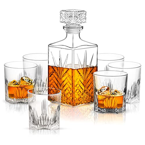 Paksh Novelty Whiskey Decanter Set - 7-Piece Italian Crafted Glass Decanter & Whiskey Glasses Set - Holiday Whiskey Gifts for Men and Women w/Ornate Stopper and 6 Cocktail Glasses