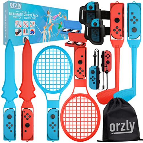 Orzly Switch Sports Games 2022 Accessories Bundle Pack for Nintendo Switch & Switch OLED with Tennis Rackets, Golf Clubs, Chambara Swords, Soccer Leg Straps & Joycon Grips - With Carry Bag