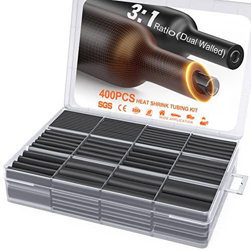 Eventronic 400 Pcs Heat Shrink Tubing Kit-3:1 Ratio Adhesive Lined,Marine Grade Shrink Wrap - Industrial Heat-Shrink Tubing - Black
