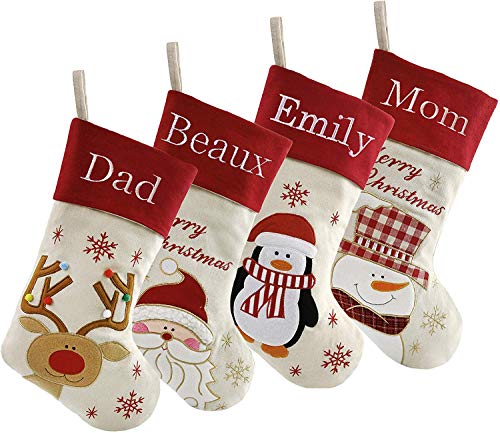 DearSun Set of 4, 18' Personalized Customization Christmas Stockings with Embroidery Technology, Santa,Snowman,Reindeer,Penguin Designs Quality Linen Stockings for Family Décor