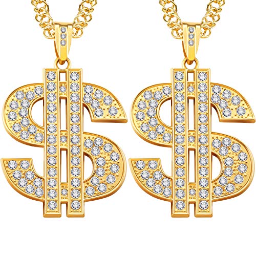 Tatuo 2 Pieces Gold/Silver Plated Chain for Men with Dollar Sign Pendant Necklace, Hip Hop Dollar Necklace (Gold)