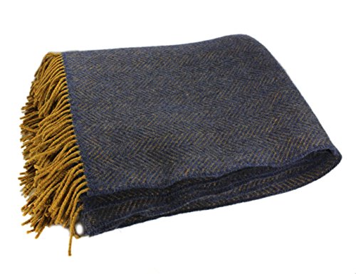 Premium Irish Cashmere & Merino Wool Blend Throw Blanket, 54' x 71 Inches, Soft Warm Feel, Imported from Ireland, Rich Classic Herringbone Pattern, Blue & Gold