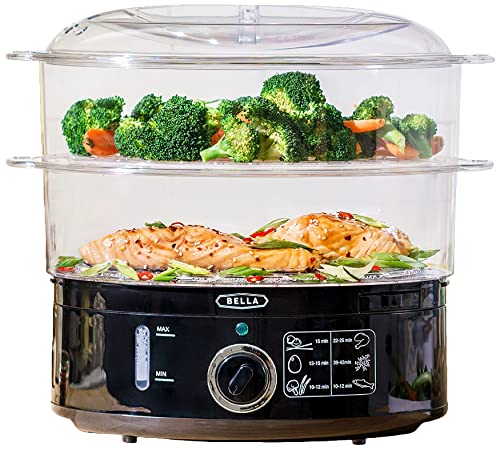 BELLA Two Tier Food Steamer, Healthy, Fast Simultaneous Cooking, Stackable Baskets for Vegetables or Meats, Rice/Grains Tray, Auto Shutoff & Boil Dry Protection, 7.4 QT, Black