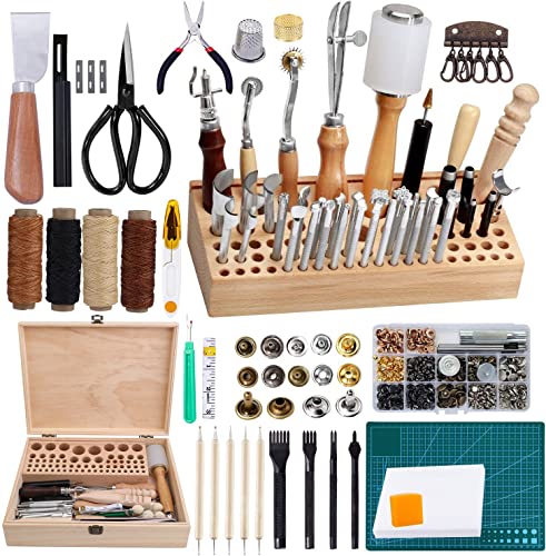 Jupean 458 Pieces Leather Kits, Leather Working Tools, Leathercraft Tools and Supplies with Instruction, Tool Holder, Leather Stamps Set, Prong Punch, Hole Hollow Punch for Leather Craft Working