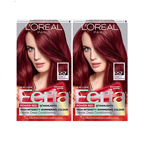 L'Oreal Paris Feria Multi-Faceted Shimmering Permanent Hair Color, R57 Intense Medium Auburn, Pack of 2, Hair Dye