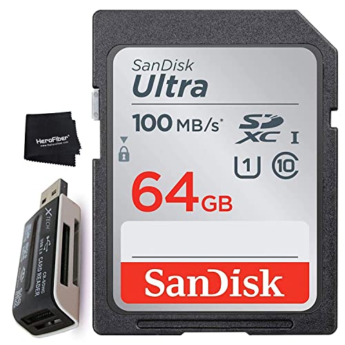 HeroFiber SanDisk 64GB Ultra Class 10 SDXC UHS-I Memory Card + Card Reader for Canon EOS Rebel T7i T7 T6i T6S T6 T5i T5 T3i SL3 SL2 SL1 EOS 90D 80D 77D 70D 60D M50 RP M6 Mark II M200 DSLR Cameras