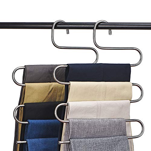 CEISPOB Multi-Purpose Pants Hangers, S-Type 5 Layers Stainless Steel Clothes Hangers Storage Pant Rack Closet Space Saver for Trousers Jeans Towels Scarf Tie (4-Pieces)