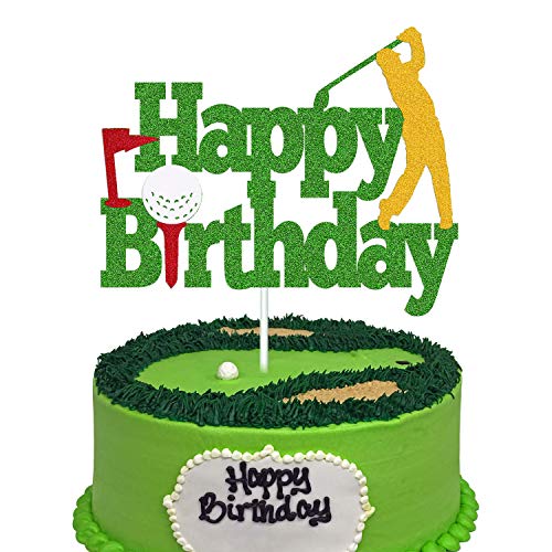 Golf Cake Topper Happy Birthday Sign Golf Ball Player Cake Decorations for Sport Theme Man Boy Girl Birthday Party Supplies Double Sided Green Sparkle Decor