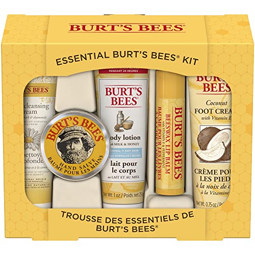 Burt's Bees Gifts, 5 Body Care Products, Everyday Essentials Set - Original Beeswax Lip Balm, Deep Cleansing Cream. Hand Salve, Body Lotion & Foot Cream, Travel Size