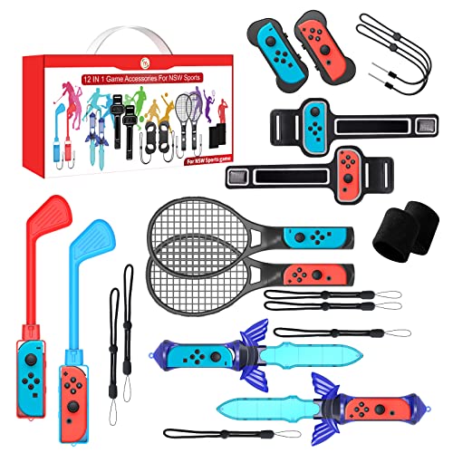 2023 Switch Sports Accessories Bundle - 12 in 1 Family Accessories Kit for Nintendo Switch Sports Games:Tennis Rackets,Sword Grips,Golf Clubs,Wrist Dance Bands & Leg Strap,Joy-con Wrist Band, Comfort Grip Case and Carrying Case