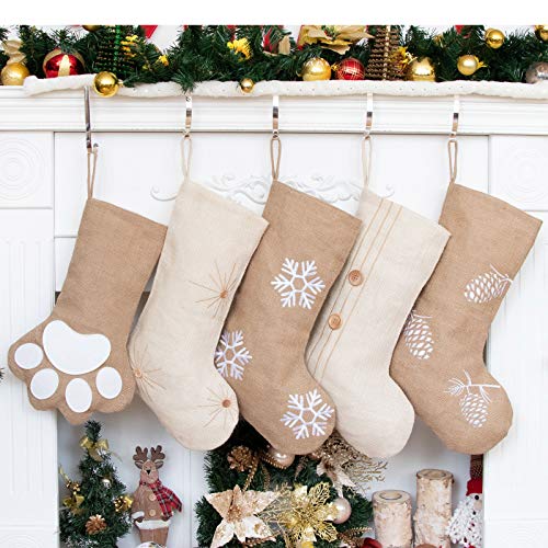 GEX Christmas Stockings 5 Pack 18.5” Burlap Linen Large Original Xmas Stockings for Family Decor Hanging Ornament Holiday Fireplace Decorations Gift Set of 5