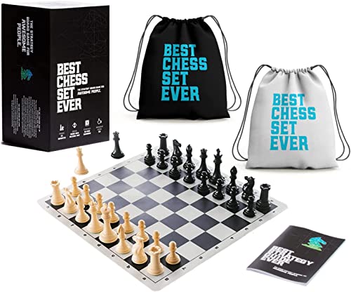 Best Chess Set Ever Tournament Chess Set, 4X Quadruple Weighted Staunton Pieces, with 20 in x 20 in Foldable Double-Sided Silicone Board, XL Super Heavyweight Edition