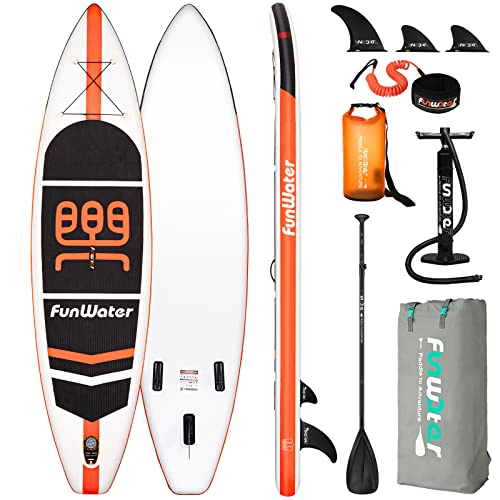 FunWater Stand Up Paddle Board 11'x33''x6'' Ultra-Light (20.4lbs) Inflatable Paddleboard with ISUP Accessories,Three Fins,Adjustable Paddle, Pump,Backpack, Leash, Waterproof Phone Bag