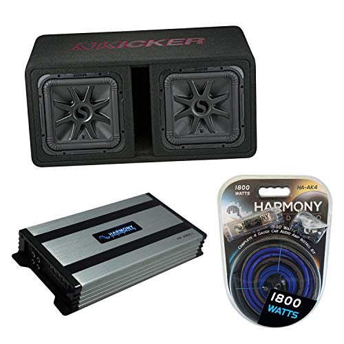 Harmony Audio HA-A800.1 Class D Mono 1600 Watt Subwoofer Amp, Kicker 45DL7R122 L7R Solobaric L7 Dual 12' Vented Sub Box and HA-AK4 4 Gauge 1800W Amp Install Kit