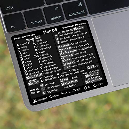 SYNERLOGIC (Intel CPU) Mac OS (Monterey/Big Sur/Catalina/Mojave etc) Reference Keyboard Shortcut Sticker, Laminated Vinyl, No-Residue, for MacBook Air/Pro/iMac/Mini (Black)