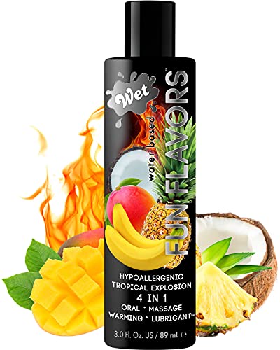 Wet Tropical Explosion Fruit Flavored Lubricant, Edible Lube, Fun Flavors 4 In 1 Use Oral Massage Warming Water Based Lubricants, 3 Ounce Bottle