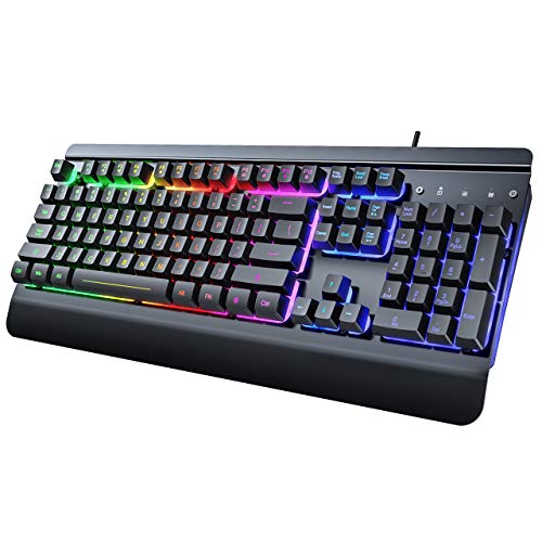 Dacoity Gaming Keyboard, 104 Keys All-Metal Panel, Rainbow LED Backlit Quiet Computer Keyboard, Wrist Rest, Multimedia Keys, Anti-ghosting Keys, Waterproof Light Up USB Wired Keyboard for PC Mac Xbox