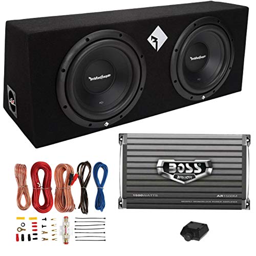 Rockford Fosgate R1-2X10 10 inch 800 Watt Loaded Enclosure with Dual Subwoofers and Boss AR1500M Mono Amplifier with 8 Gauge Wiring Installation Kit