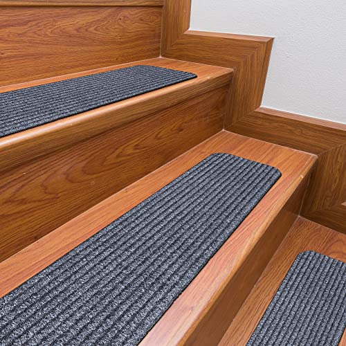 Ottomanson Comfort Collection Washable Non-Slip Rubberback Solid Design 9' x 26' Indoor Stair Treads, 14 Pack, Gray