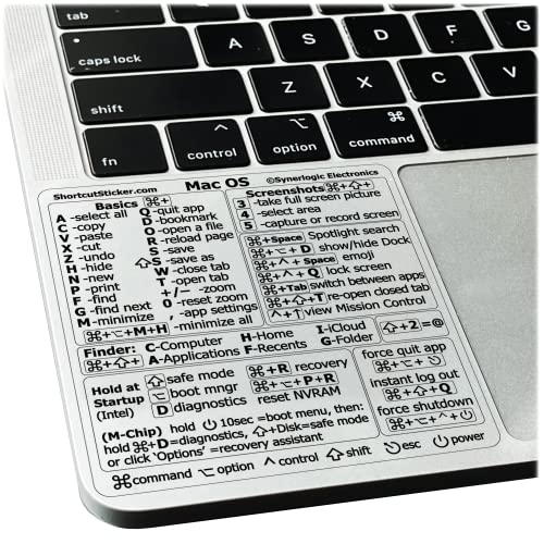 SYNERLOGIC Mac OS (Ventura/Monterey/Big Sur/Catalina/Mojave) Keyboard Shortcuts, M1/M2/Intel No-Residue Clear Vinyl Sticker, Compatible with 13-16-inch MacBook Air and Pro