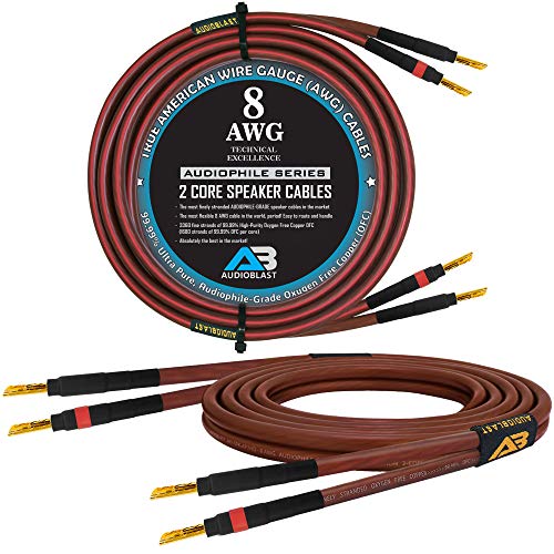 Audioblast – 8 Gauge (8 AWG) 2 Core (99.99% OFC) Ultra-Flexible Audiophile Speaker Cable Pair - HQ-SPK-AP2HD-8AWG - 12 Foot with Gold Banana Plugs