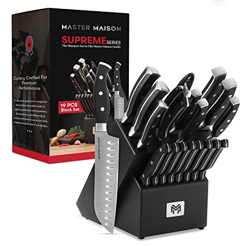19-Piece Kitchen Knife Set With Wooden Knife Block - German Stainless Steel Knife Set for Kitchen with Block, Paring, Chefs, Santoku, Carving, Utility & 8 Steak Knives - Knife Sharpener & Shears