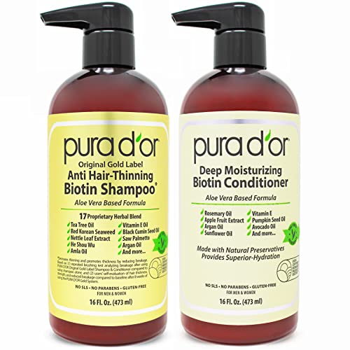 PURA D'OR Anti-Thinning Biotin Shampoo & Conditioner Set, DHT Blocker Hair Thickening Products For Women & Men, Natural Shampoo For Color Treated Hair, Original Gold Label, 16oz x 2 (Packaging varies)