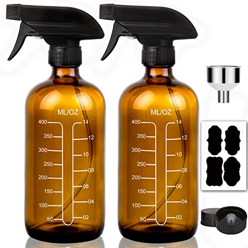 16oz Glass Spray Bottles with Measurements - Amber Empty Reusable Refillable Container with Funnel and Labels for Mixing, Homemade Cleaning Products