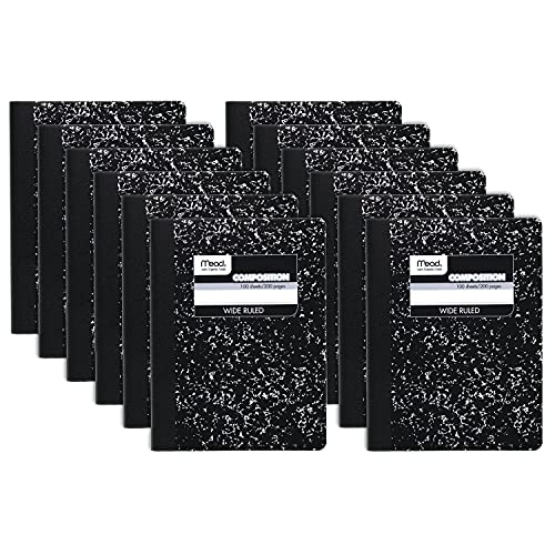 Mead Composition Notebook, 12 Pack, Wide Ruled Paper, 9-3/4' x 7-1/2', 100 Sheets per Notebook, Black Marble, Pack of 12