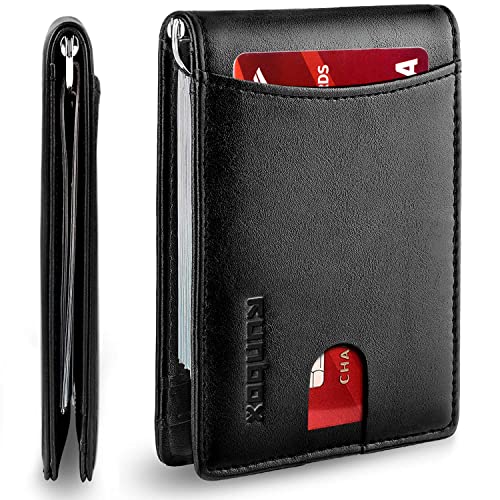 RUNBOX Money Clip Wallet for Men Genuine Leather Slim RFID Blocking Bifold Minimalist Front Pocket Mens Wallet with Thin Gift Box