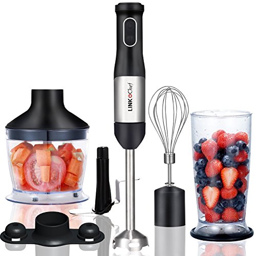 Immersion Blender LINKChef 4-in-1 Hand Blender Stick Powerful Low Noise Large 800ml Beaker, Stainless Steel Whisk and 500ml Food Chopper, BPA-Free, Red/Black(HB-1230)-3 Years Warranty (Silver and black-1)