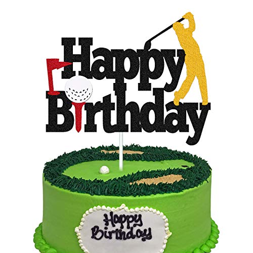 Golf Cake Topper Happy Birthday Sign Golf Ball Player Cake Decorations for Sport Theme Man Boy Girl Birthday Party Supplies Double Sided Black Sparkle Decor