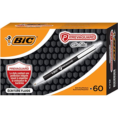 BIC PrevaGuard Clic Stic Ballpoint Pen Contains Built-in Protection On the Pen To Suppress Bacteria Growth, Black, 60-Count