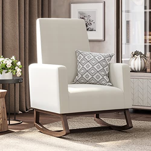 BELLEZE Modern Rocking Chair, Nursery Glider Rocker with Comfortable Padded Seat Solid Wood Base, Fabric Upholstery Arm Chair for Living Room Bedroom Baby Room - Felix (White)