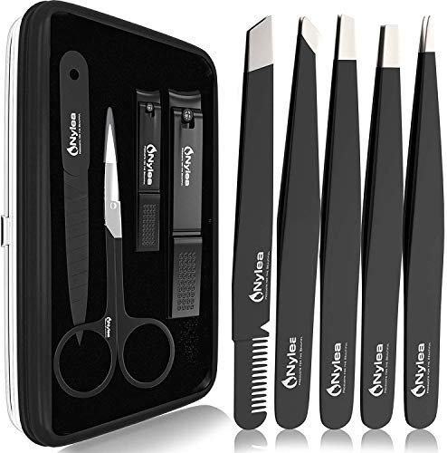 Nylea Professional Tweezers Set and Nail Clippers for Men and Women [Perfect Alignment / Grip] Best Precision Stainless Steel Kit for Ingrown Hair Eyebrows Facial Hair Splinter and Eyelashes 9pcs