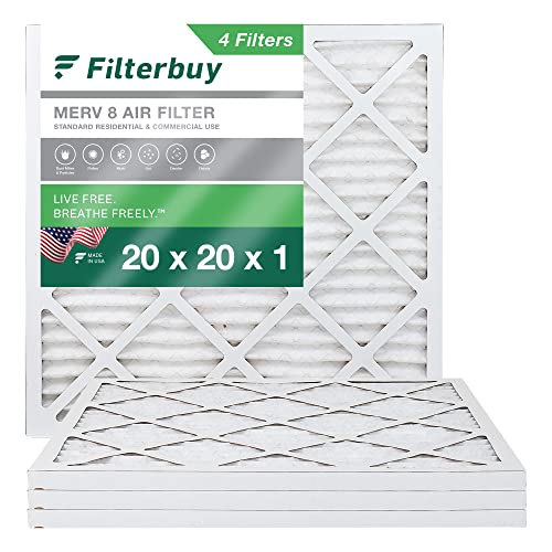 Filterbuy 20x20x1 Air Filter MERV 8 Dust Defense (4-Pack), Pleated HVAC AC Furnace Air Filters Replacement (Actual Size: 19.50 x 19.50 x 0.75 Inches)