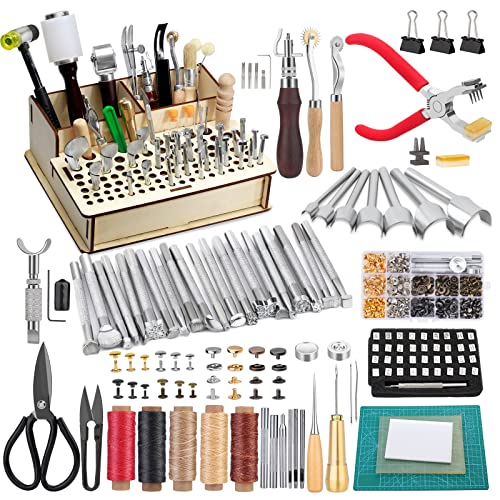 447 Pieces Leather Working Tools and Supplies with Instruction, Leathercraft Tools Kit, Leathercraft Tools Holder, Leather Craft Stamping Tools, Stitching Hole Punch, Leather Working Saddle Making
