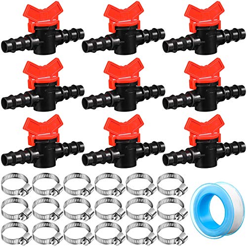 Irrigation Fitting Kit 9 Pieces Drip Irrigation Switch Valve Gate Valves Irrigation Barbed Connectors with Shut-Off Valve and 18 Stainless Steel Clamps and Roll Tape for 1/2 Inch Irrigation Tubing