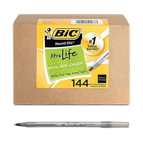 BIC Round Stic Xtra Life Ballpoint Ink Pens, Medium Point (1.0mm), Black Pens, Flexible Round Barrel For Writing Comfort, 144-Count