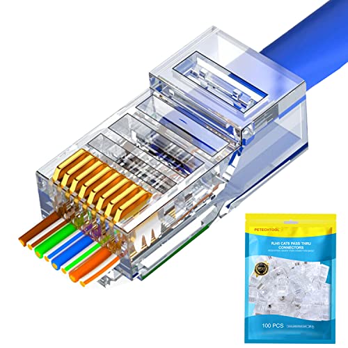 PETECHTOOL RJ45 Cat6 Cat5 Connector Ends Gold Plated 8P8C Ethernet Pass Through Plug(100Pack)