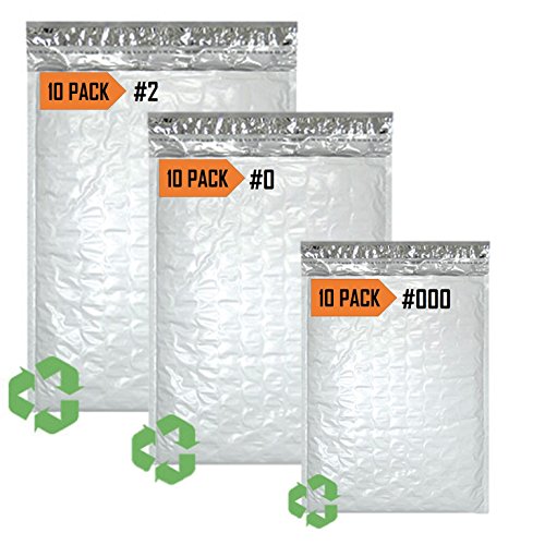 Sales4Less Poly Bubble Mailers #2 8.5X12 10 Pack, 0 6X10 10 Pack, 000 4X8 10 Pack Padded Envelope Mailer Waterproof Variety Pack, White