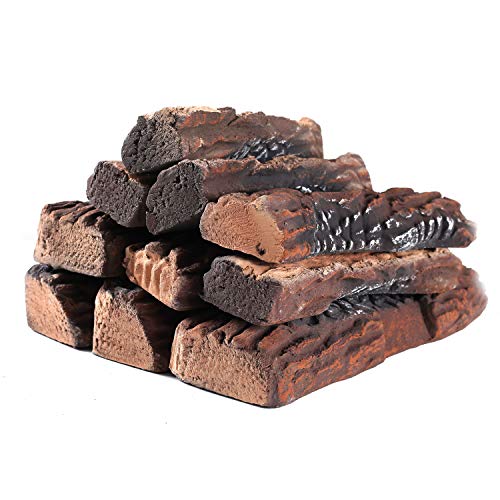 Fireplace Log Set for Ventless, Electric Outdoor Fireplaces Fire Pits Realistic Use in Indoor Gas Inserts Vented Electric or Outdoor Fireplaces Fire Pits 10 Piece Set of Large Size Ceramic Wood Logs