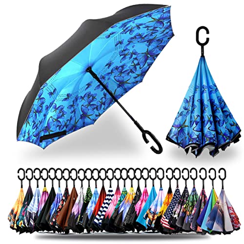 SIEPASA 40/49/56/62 Inch Inverted Reverse Upside Down Umbrella, Extra Large Double Canopy Vented Windproof Waterproof Stick Umbrellas with C-shape Handle.(Butterfly, 49 Inch)
